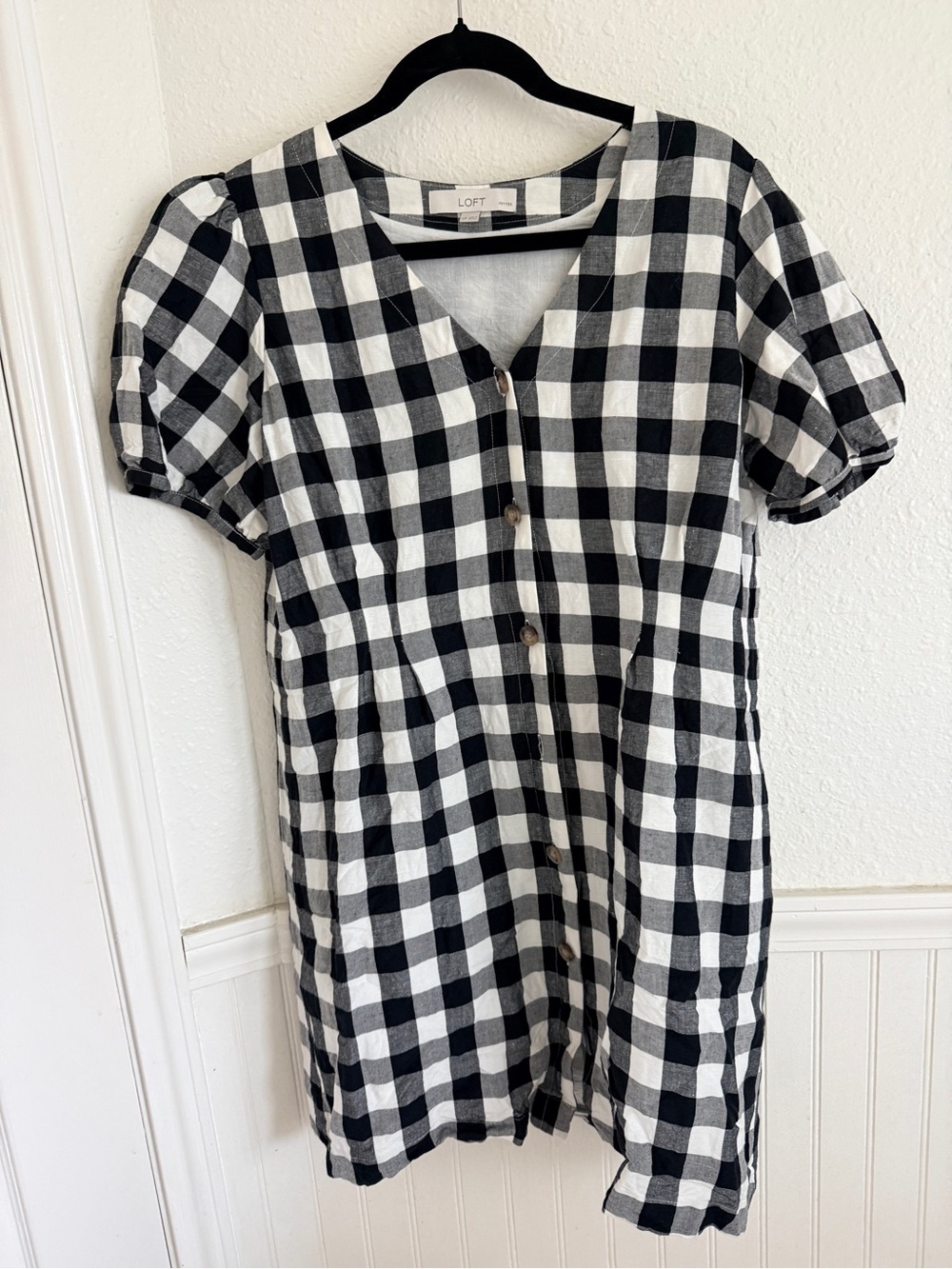 LOFT Black & White Gingham Puff-Sleeve Button Dress